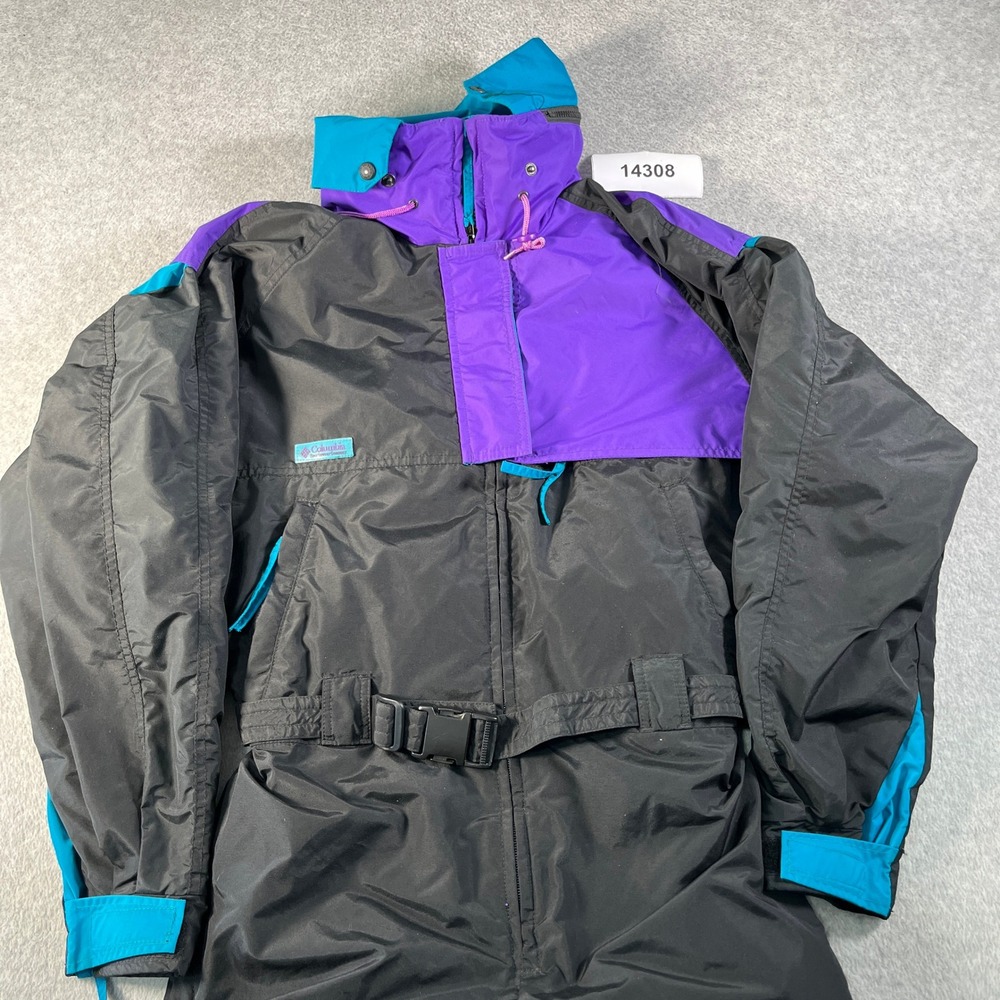 Vtg 90s Columbia One Piece Snow Suit Women Large Black Purple Colorblock Skiing